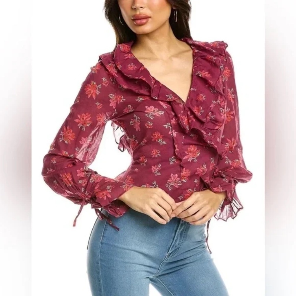 Free People Red Floral Amanda‎ Ruffle Wrap Blouse Top Sultry Combo Size Large
